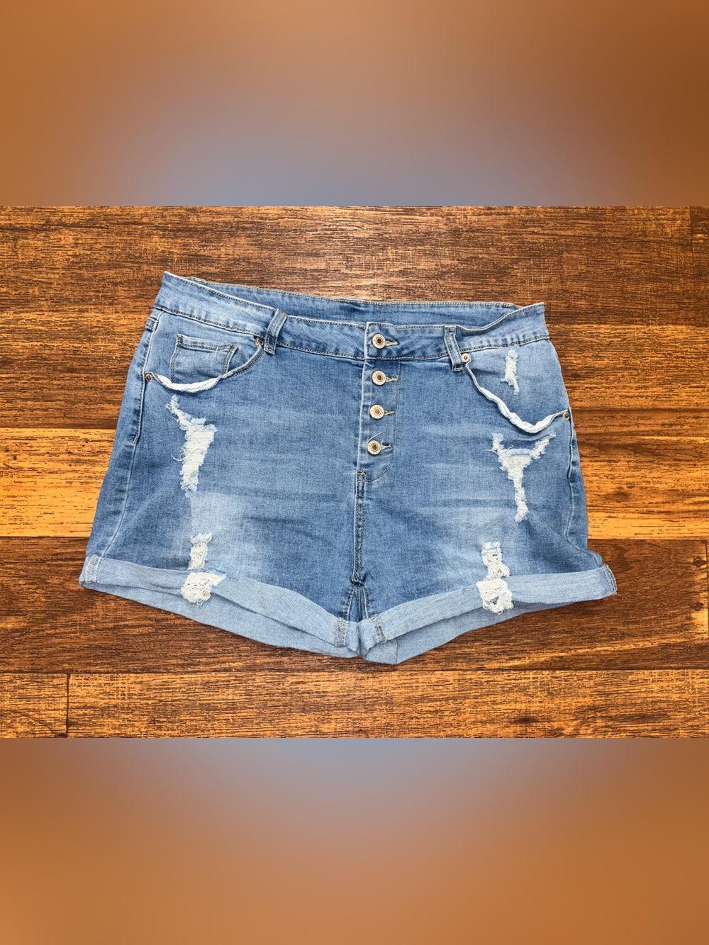 Distressed High-Waist Denim Shorts - Light Blue